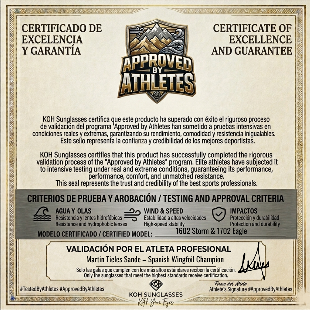 CERTIFICADO DE EXCELENCIA Y GARANTIA FIRMADO POR DEPORTISTAS DE ELITE firmado por Martin Tieles Sande – Campeón de España de Wingfoil