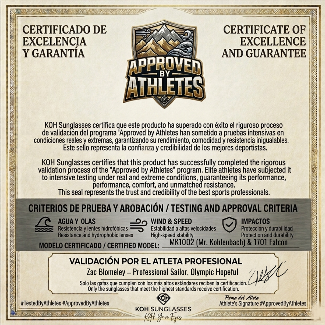 CERTIFICADO DE EXCELENCIA Y GARANTIA FIRMADO POR DEPORTISTAS DE ELITE firmado por Zac Blomeley – Regatista profesional, Aspirante Olímpico